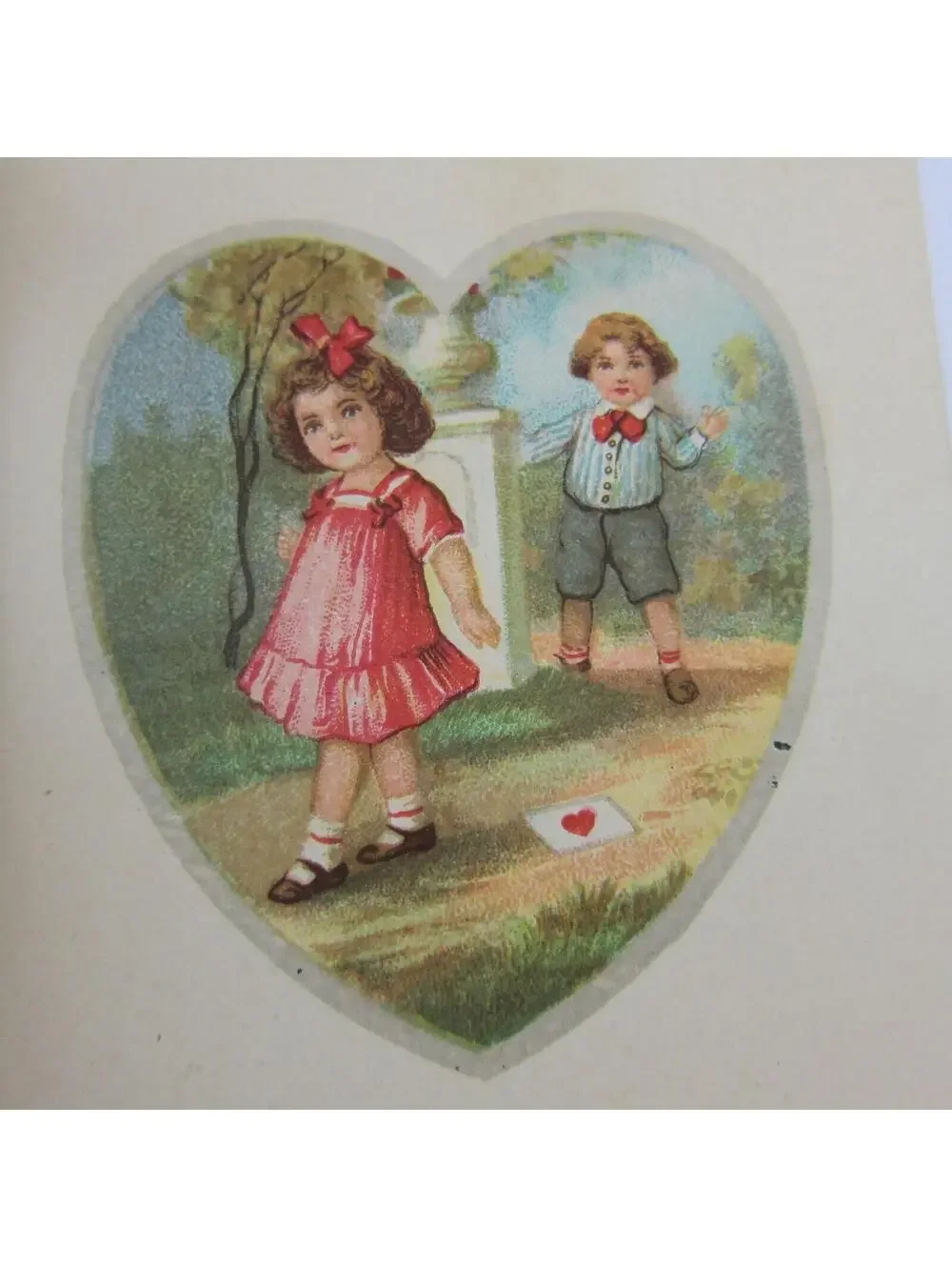 Vintage Valentine Boy Girl Pink Dress Walking By Red Heart Die Cut Window Bifold